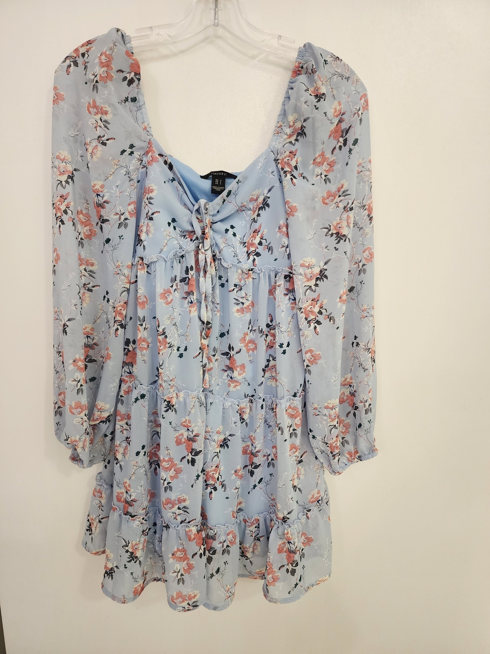 Light Blue Floral Tie-Neck Blouse